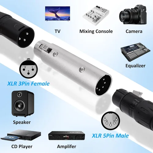 Vista 7 de XLR 5 pines macho a 3 pines hembra DMX adaptador convertidor de señal de audio para micrófono luz de escenario -2