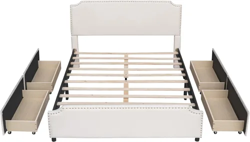 Vista 25 de P PURLOVE Cama de plataforma tapizada con 4 cajones, tamaño Queen, plataforma de almacenamiento con cabecero, no necesita somier, marco de cama beige
