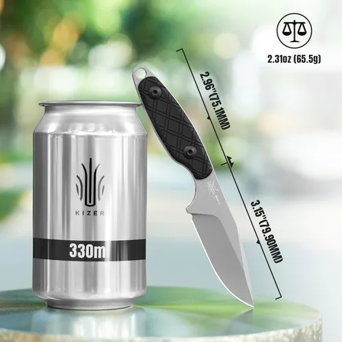 Vista 9 de Cuchillo de hoja fija Kizer Muskrat, cuchilla D2 de 3,15 pulgadas, cuchillo EDC con patrón Argyle, mango G10 negro, cuchillos de cuello para hombres
