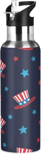 BPA-Free Sports Water Bottle with Straw 20 Oz, Stainless Steel Water Bottle for Gym Outdoor Travel School, Cute Hats Red