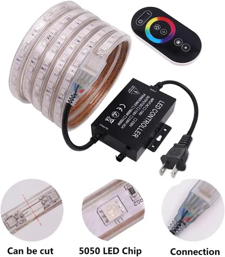 Vista 8 de Tira de luz LED RGB de 16.4 pies, AC 110-120V 60 LEDs/M SMD 5050 Control remoto táctil, multicolor, impermeable, flexible, tira de luces