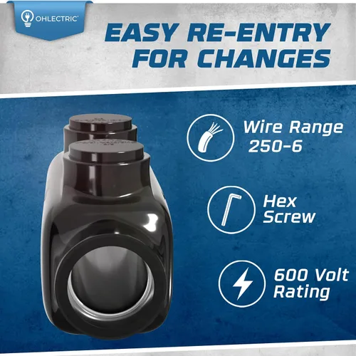 Vista 2 de OHLECTRIC Conector de cable eléctrico en línea para elevador, empalme negro aislado, 250–6 AWG, tornillo hexagonal de 5/16 ″, inhibidor de óxido