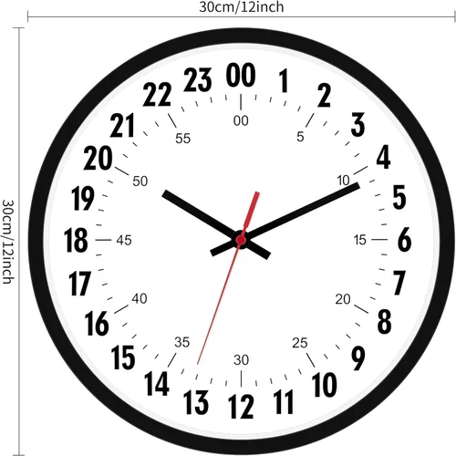 Vista 6 de Foxtop Reloj de pared de 24 horas, reloj de pared analógico redondo de cuarzo de 12 pulgadas, funciona con pilas, reloj de hora militar para aula