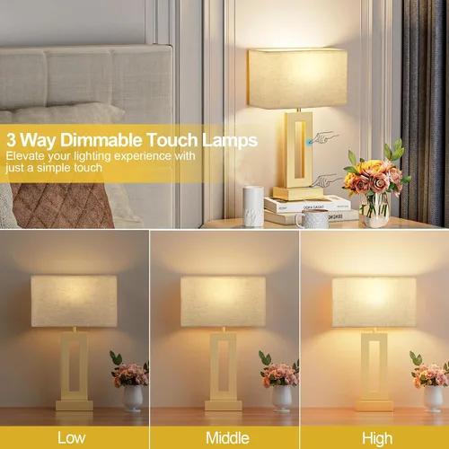 Vista 2 de Juego de 2 lámparas de mesa para dormitorio de Seealle - Lámparas de mesita de noche doradas con tacto beige, puertos USB C+A, lámpara dorada