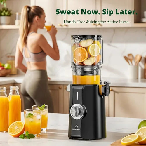 Vista 13 de LINKChef Exprimidor de prensa en frío, exprimidores de 4.53 pulgadas de diámetro, frutas y verduras enteras, exprimidor lento de 200 W con corte