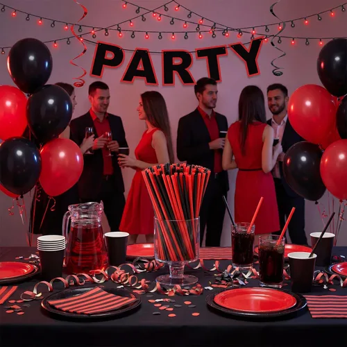 Vista 5 de Zhehao 50 Pcs Red and Black Plastic Drinking Straws Bulk Disposable Plastic Straws 9 Inch Long for Party Supplies Table Decoration