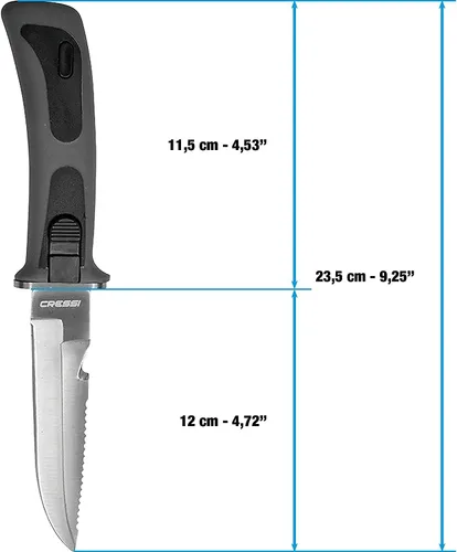 Vista 3 de CRESSI Cuchillo de buceo de acero inoxidable con funda para fijación de piernas- Vigo: diseñado en Italia