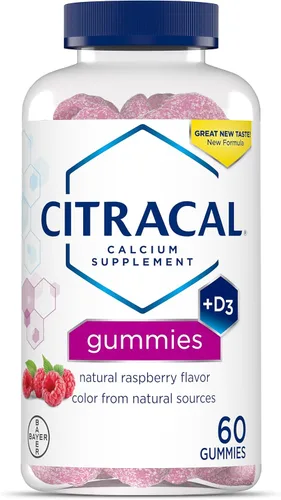 Citracal Gomitas de calcio, suplemento de calcio con vitamina D3, apoya la salud ósea, para mayores de 12 años, sabor natural a frambuesa, 60