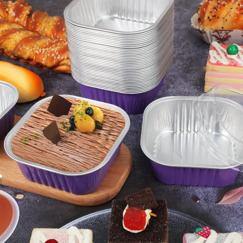 Vista 7 de 50 tazas de papel de aluminio para hornear con tapas, moldes cuadrados de 10 onzas para hornear, moldes desechables con tapas para flans
