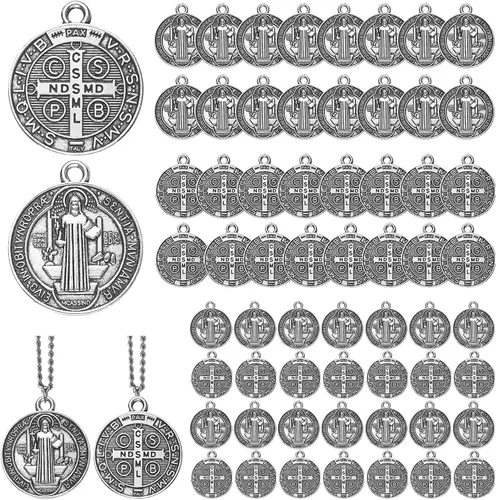 Tudomro 60 medallas de San Benito de 0.94 x 0.79 pulgadas, dije de metal cristiano de San Benito en tono plateado, dije de protección contra el mal