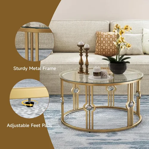 Vista 4 de OIOG Mesa de centro de cristal para sala de estar, mesa de centro dorada con vidrio templado, mesa de centro redonda para oficina