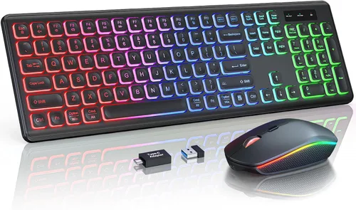 Vista 12 de Combo de teclado y mouse inalámbricos, retroiluminación RGB, recargable y letras iluminadas, tamaño completo, escritura suave, modo de suspensión