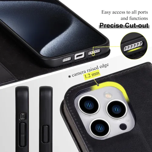 Vista 3 de VISOUL Funda de cuero para iPhone 15 Pro Max, funda tipo cartera de piel auténtica con ranuras para tarjetas, función atril, a prueba de golpes