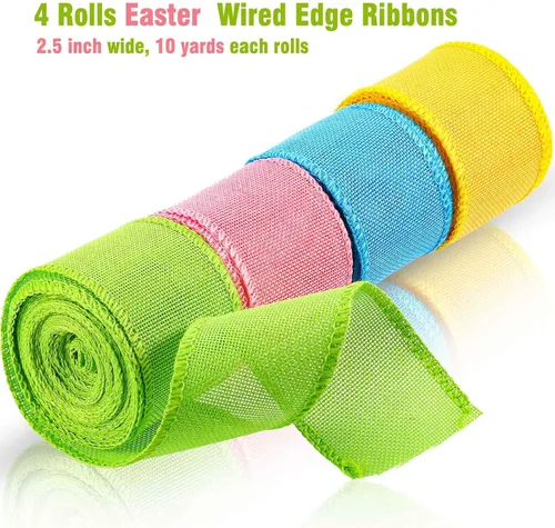 Vista 2 de 4 rollos de cintas de arpillera de Pascua con alambre, cinta de borde sólido con alambre, cinta de arpillera, cinta de arpillera con alambre