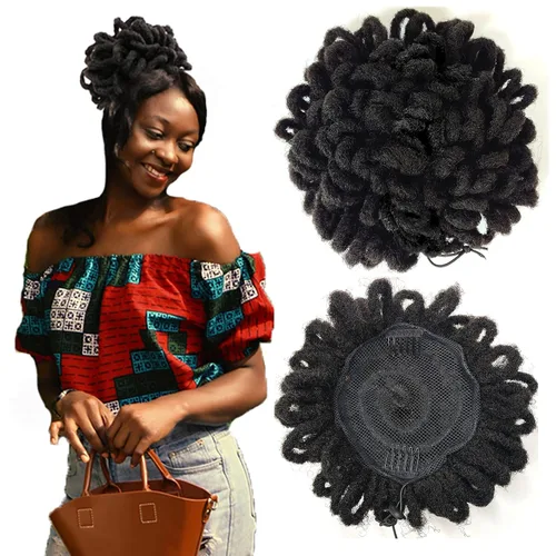 Vista 17 de DreadLock Moño 10" Moño de Pétalos Loc Afro High Puff Cola de Caballo con Cordón Peluca Locs Falsos Sintéticos Moño de Cabello Cola de Caballo