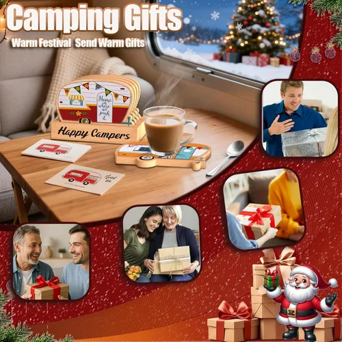 Vista 2 de Juego de posavasos de camping Haigoo, juego de 4 posavasos de bambú Happy Camper con soporte, regalos de camping para amantes de la caravana