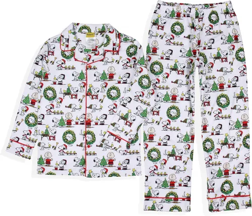 Vista 3 de INTIMO Juego de pijama navideño de Peanuts Charlie Brown Snoopy con botones para la familia Niño Blanco