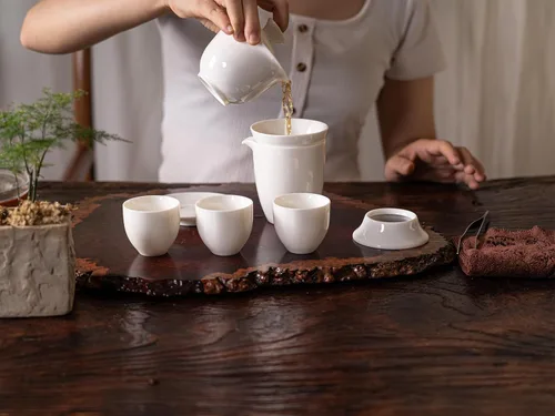 Vista 5 de Juego de té de jade blanco Gaiwan Gongfu chino - 6 tazas estilo japonés en casa