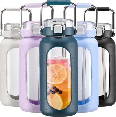 Vista 22 de BLUEGO Botella de agua de vidrio de 64 onzas con mango de acero inoxidable, botella de agua grande con marcadores de tiempo y funda de silicona
