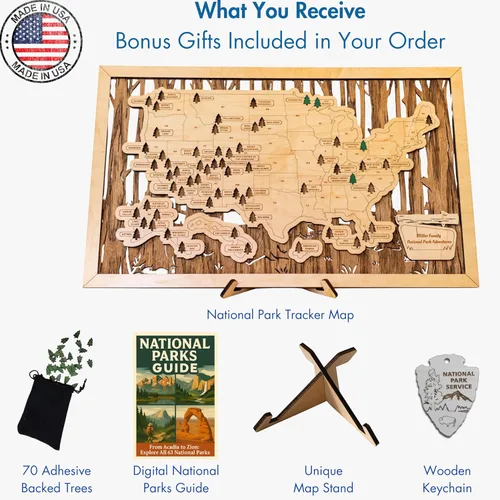 Vista 2 de Mapa Personalizado de Madera de Parques Nacionales con Chinchetas Rastreador de Viajes - Regalos de Mapa de Parques Nacionales Hechos en EE.UU.