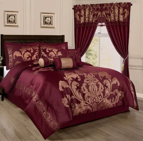 Vista 21 de Chezmoi Collection Juego de edredón floral jacquard de 7 piezas (Queen, azul marino/dorado)