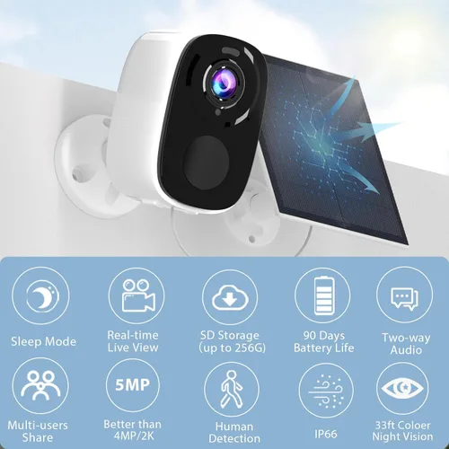 Vista 2 de Rraycom Cámaras de seguridad solar de 5 MP inalámbricas para exteriores con panel solar, cámara inalámbrica QHD WiFi 2K para seguridad en el hogar