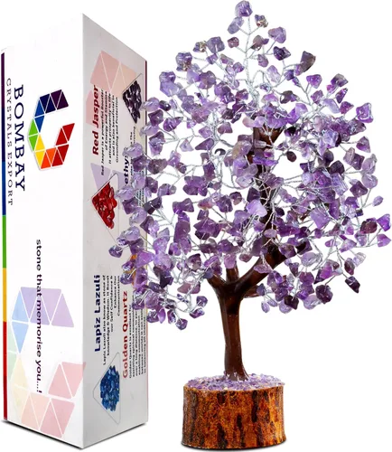 Árbol bonsái de chakra de piedras preciosas de amatista con alambre plateado, árbol de feng shui de cristal de vida para la decoración de sanación