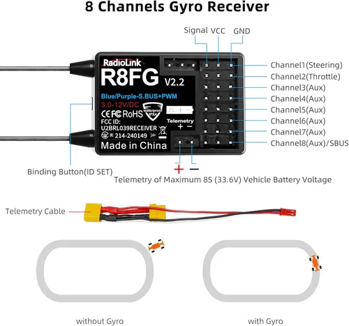 Vista 5 de Radiolink 2.4Ghz R8FG 3ms Latencia 8 canales Gyro Receptor con telemetría de voltaje, impermeable RX para RC Crawler Car Boat Radio Controller