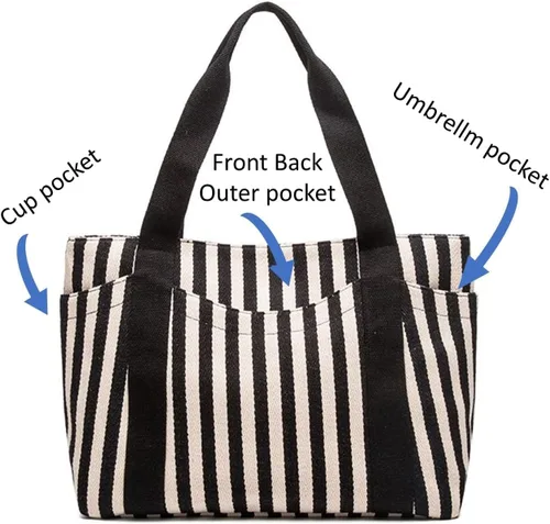 Vista 6 de Canvas Tote Bag for Women, Striped Work Purse With Pockets & Zipper, Daily Use Bag for Beach, Tavel, Gym