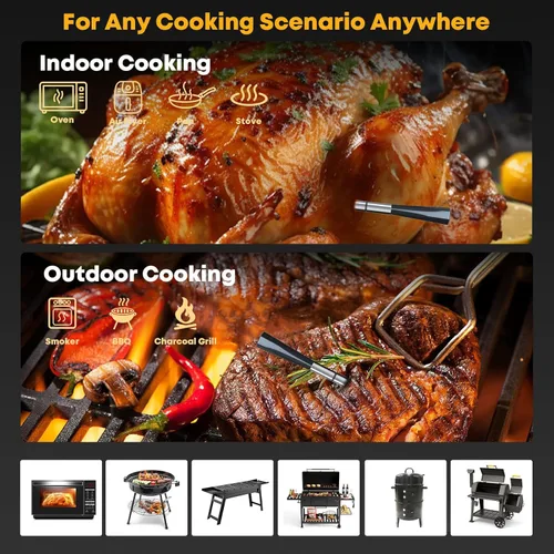 Vista 5 de Termómetro digital inalámbrico para carne con Bluetooth, sonda de carne para ahumar carne, asar a la parrilla y asar al horno, sonda dual y alertas