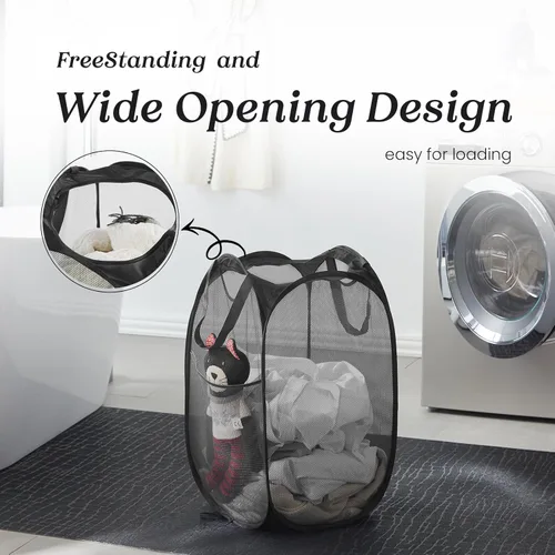 Vista 4 de TECHMILLY Cesta plegable de malla para la ropa sucia con asas resistentes y bolsillo lateral, cestas plegables portátiles para ropa para dormitorio