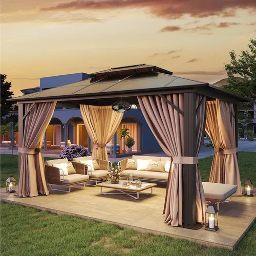 Vista 17 de Aoxun - Gazebo con techo rígido para jardines, patios con cemento o césped, pabellón permanente de policarbonato con doble techo, marco de aluminio