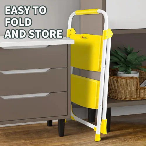 Vista 8 de Escalera de 2 escalones, taburete plegable portátil con pedal antideslizante ancho, escalera de acero resistente de 500 libras, mango práctico