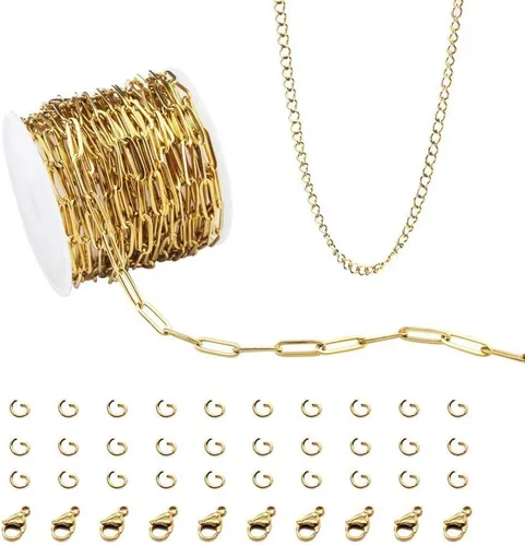Cadena de clip de acero inoxidable chapada en oro de 18 quilates de 16.4 pies, kit de fabricación de joyas para adultos y adolescentes, unisex,