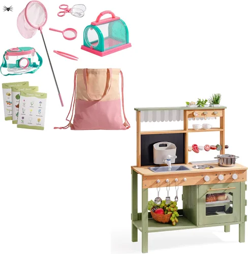 ROBOTIME Mud Kitchen & Kids Explorer Kit – Cocina de madera al aire libre con fregadero, parrilla y jardín + 10 piezas kit de captura de insectos
