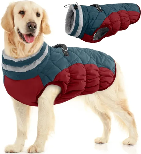 Vista 34 de FUAMEY - Abrigo para perro, chaqueta cálida de invierno, acolchada, chaleco reflectante con arnés, chaqueta de nieve impermeable con cremallera, a
