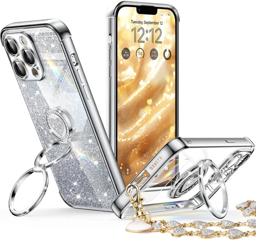 Vista 21 de XYZ Funda para iPhone 12 con Soporte, Funda para Teléfono con Soporte de Doble Anillo, Funda Protectora de Lujo Brillante para Mujeres y Niñas