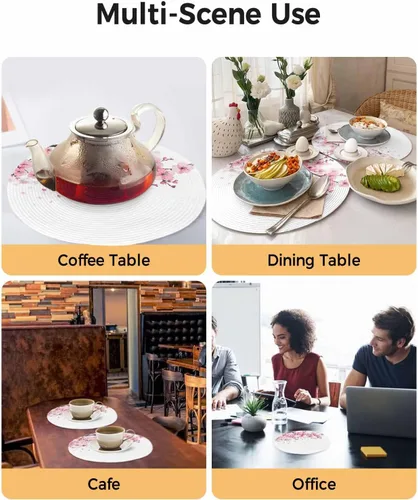 Vista 5 de Round Placemats Set of 4 Pink Floral Place Mats Washable Woven Placemat Cherry Blossom Sakura Flower Tree Branch Circle Braided Table Mat for