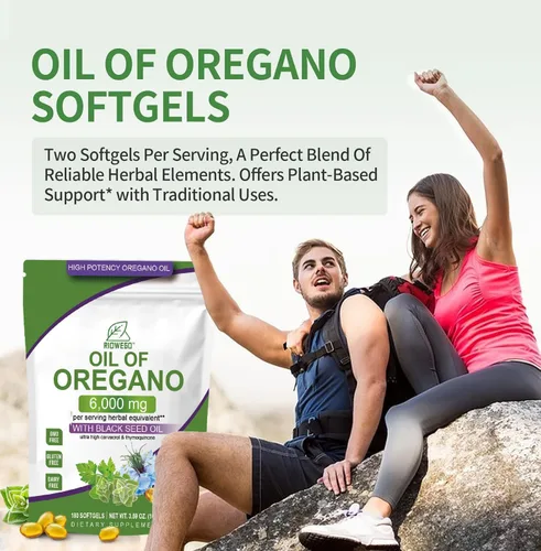Vista 7 de Cápsulas blandas de aceite de orégano con aceite de semilla negra, cápsulas de aceite de orégano de alta potencia de 6000 mg para apoyo