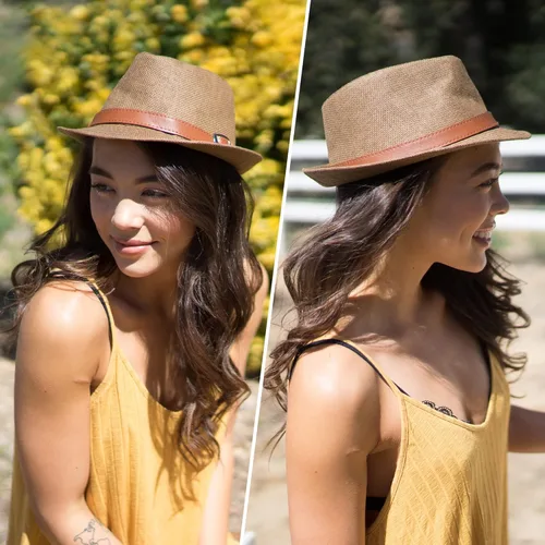 Vista 6 de Simplicity Sombrero de paja Trilby Fedora estilo Panamá con cinturón de cuero