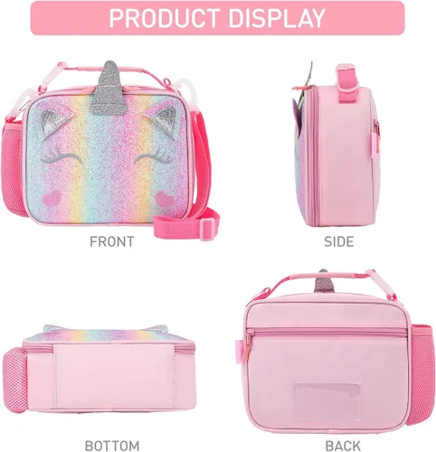 Vista 11 de Lonchera de unicornio para niñas con correas ajustables para el hombro, bonita lonchera aislada a prueba de fugas, con purpurina y brillo, bolsa