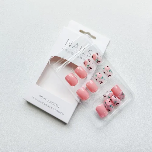 Vista 4 de Uñas postizas cuadradas cortas a presión, uñas postizas de cobertura completa con diseño de flores rosas, uñas acrílicas brillantes, uñas postizas a