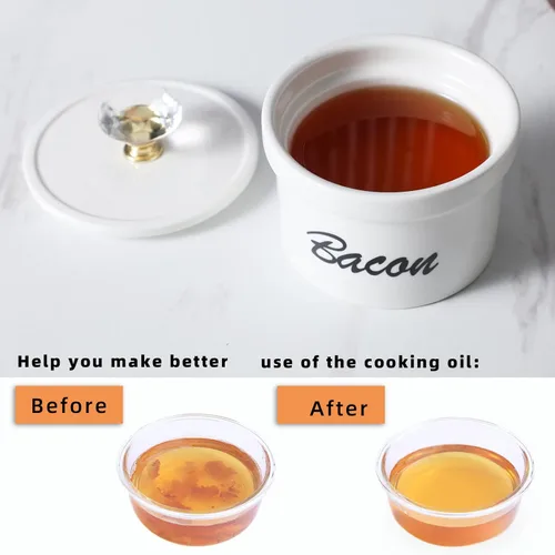 Vista 4 de Contenedor de grasa de tocino con tapa de cristal y colador, contenedor de cerámica de 12.5 onzas para almacenamiento de aceite para freír