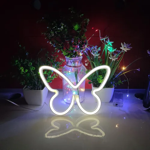 Vista 2 de JYWJ Letrero de neón de mariposa, luz de neón con pilas USB o 3 AA, decoración de mesa LED, decoración de pared de dormitorio, regalo de cumpleaños