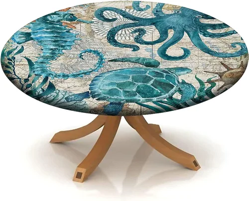 Vista 89 de Mantel redondo ajustable con borde elástico floral azul, mantel con borde elástico de estilo floral pastoral, almohadilla de mesa de poliéster