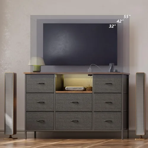 Vista 5 de VASICAR Cómoda Negra con Luces LED y Tomas de Corriente, Soporte de TV Cómoda con 8 Cajones para TV de 55", Cajonera de Tela para Dormitorio, Sala